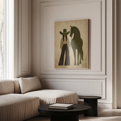 Cowgirl in wide trousers leading a flat olive green horse, canvas print displayed on a neutral wall in a styled interior