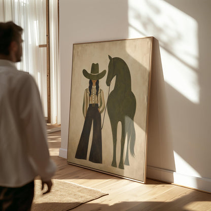 Cowgirl in wide trousers leading a flat olive green horse, canvas print shown in a sunlit, contemporary room