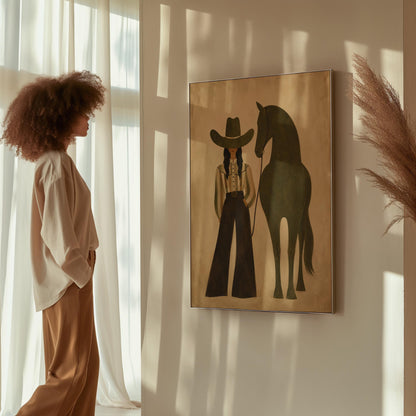 Cowgirl in wide trousers leading a flat olive green horse, canvas wall art on a quiet wall in a considered interior