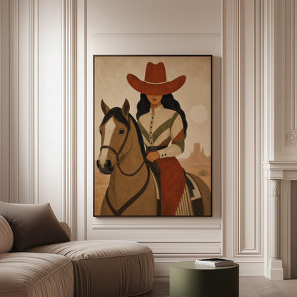 Cowgirl in a red hat riding a bay horse across an ochre desert, canvas print on a softly lit wall in a calm interior