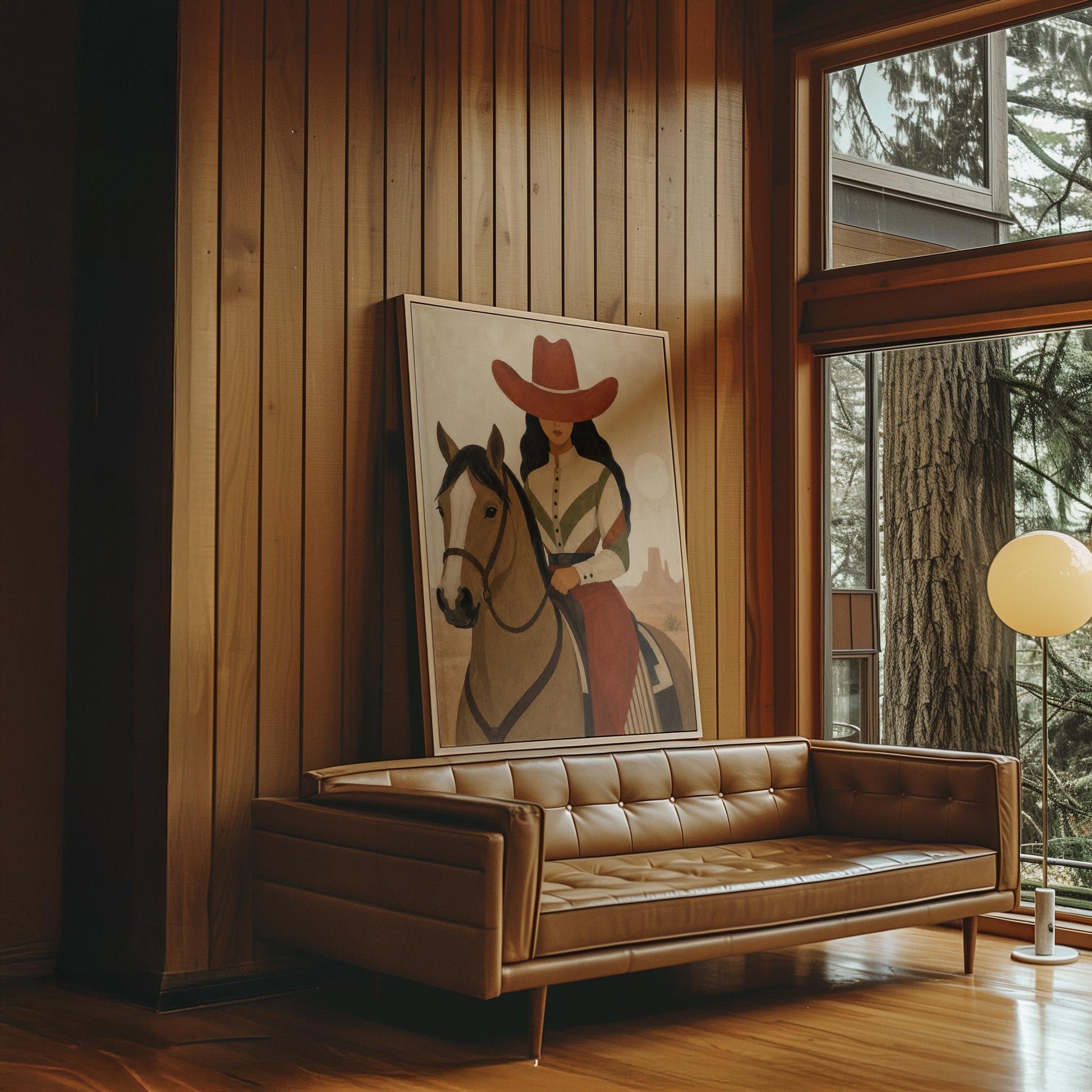 Cowgirl in a red hat riding a bay horse across an ochre desert, canvas print on a quiet wall in a considered interior