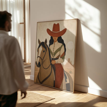Cowgirl in a red hat riding a bay horse across an ochre desert, canvas print shown in a sunlit, contemporary room