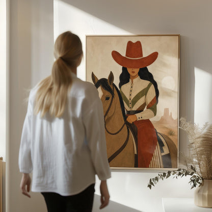 Cowgirl in a red hat riding a bay horse across an ochre desert, canvas wall art styled against a soft white wall