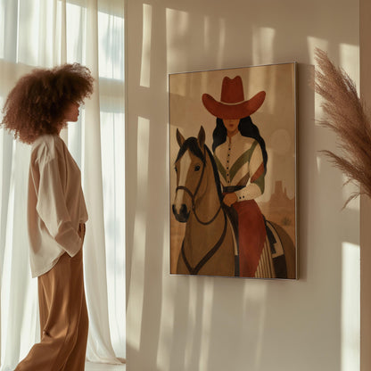 Cowgirl in a red hat riding a bay horse across an ochre desert, canvas wall art on a quiet wall in a considered interior