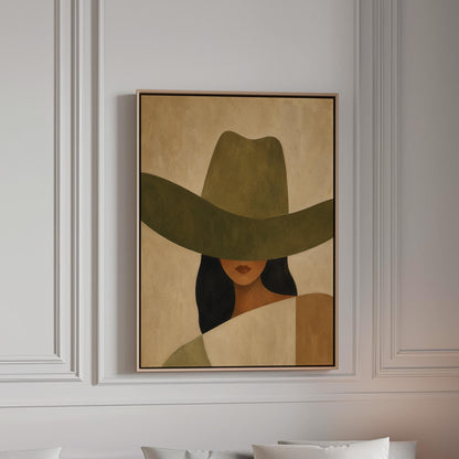 Cropped cowgirl face beneath the sweeping brim of a large olive hat, canvas print in a bright room with natural daylight