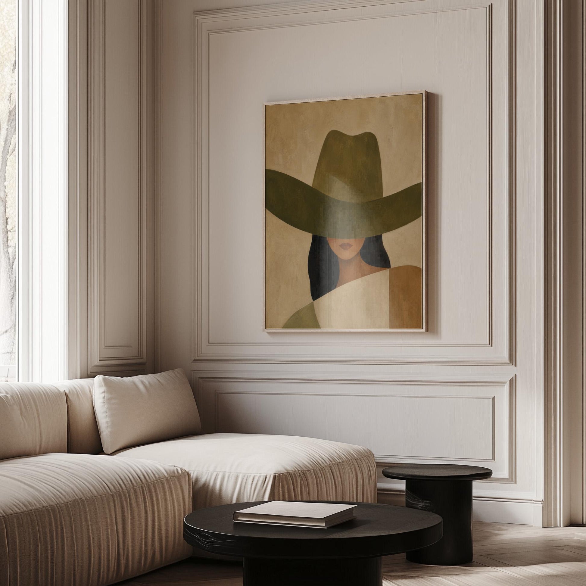 Cropped cowgirl face beneath the sweeping brim of a large olive hat, canvas print presented in a light, minimal room