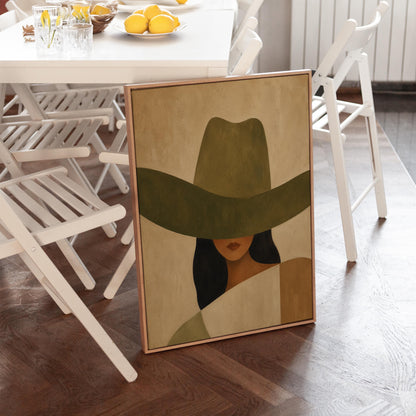 Cropped cowgirl face beneath the sweeping brim of a large olive hat, canvas wall art styled against a soft white wall