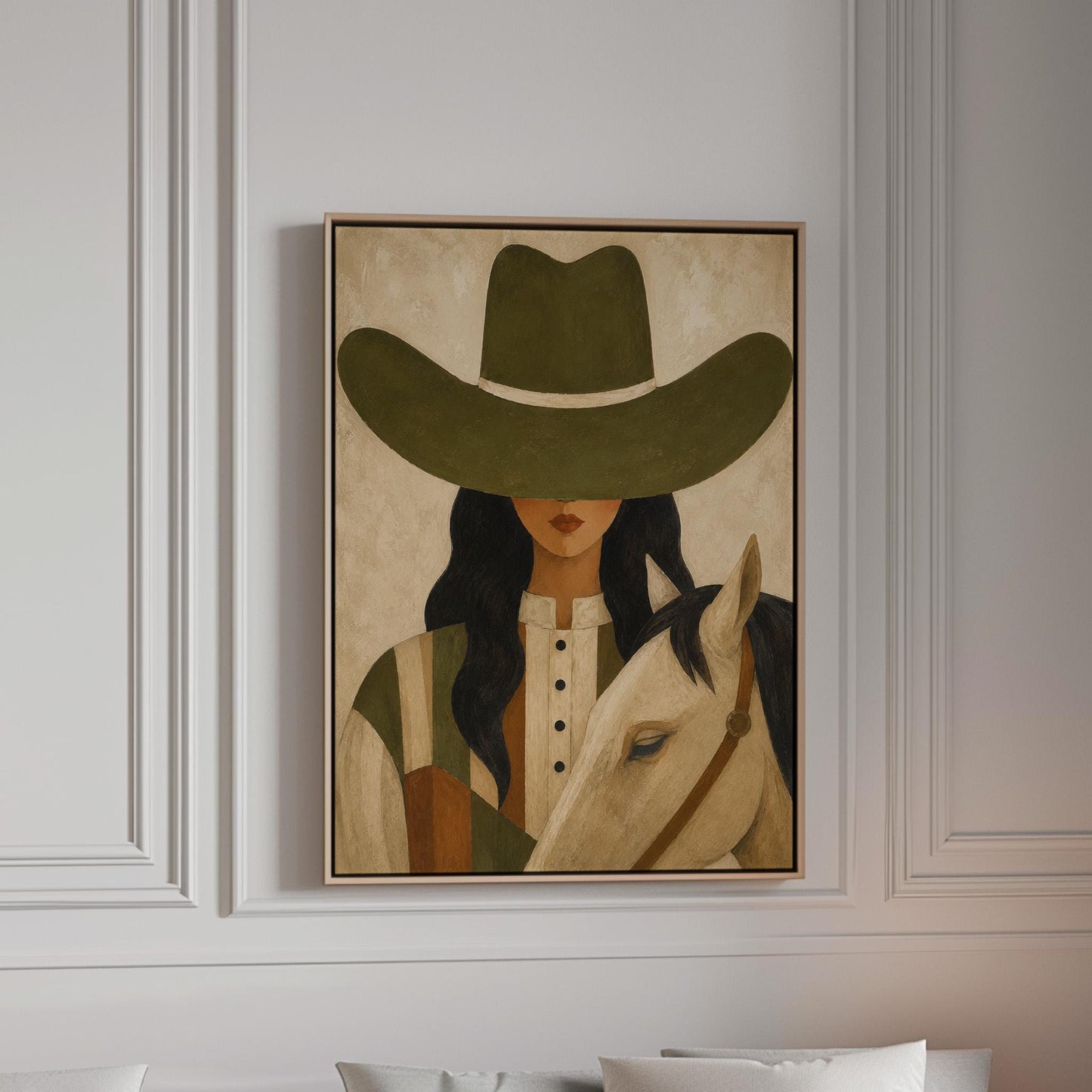 Cowgirl in an olive hat leaning close to a pale white horse, canvas print in a bright room with natural daylight