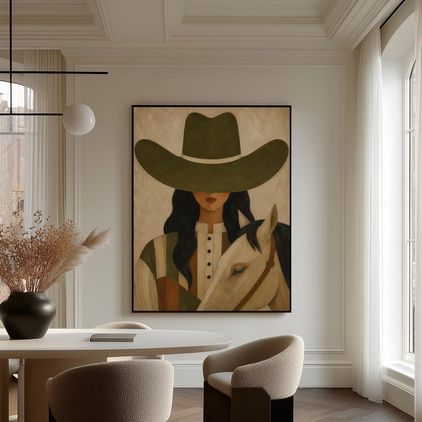 Cowgirl in an olive hat leaning close to a pale white horse, canvas print on a quiet wall in a considered interior