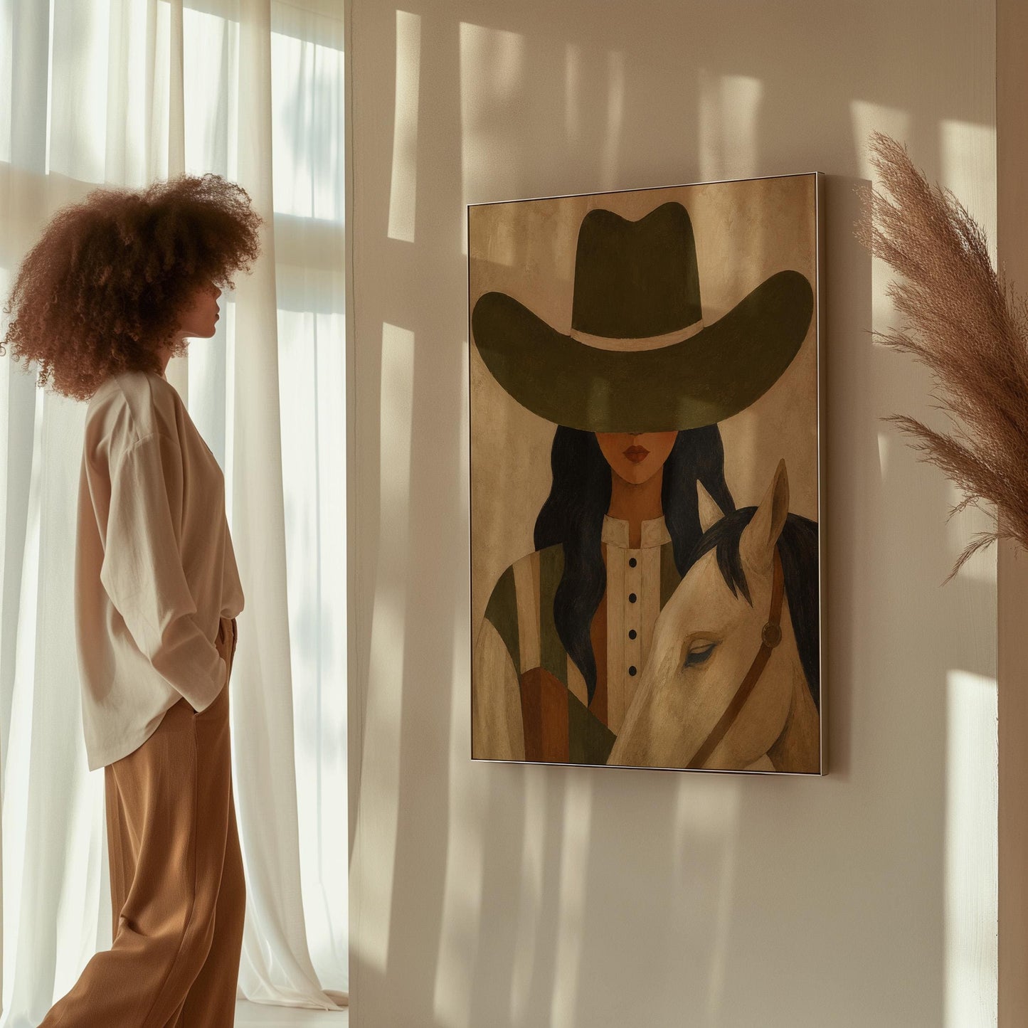 Cowgirl in an olive hat leaning close to a pale white horse, canvas wall art seen in a warm interior with natural light