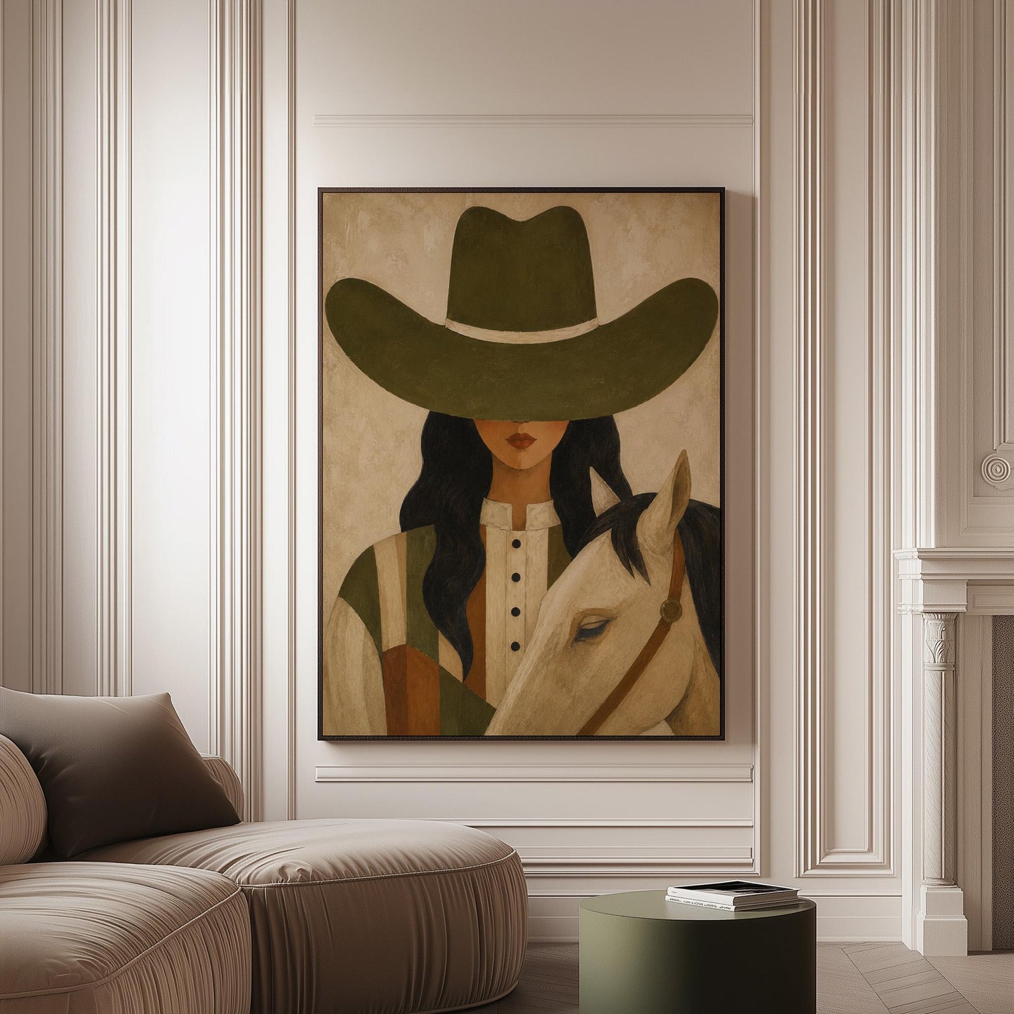 Cowgirl in an olive hat leaning close to a pale white horse, canvas print on a softly lit wall in a calm interior