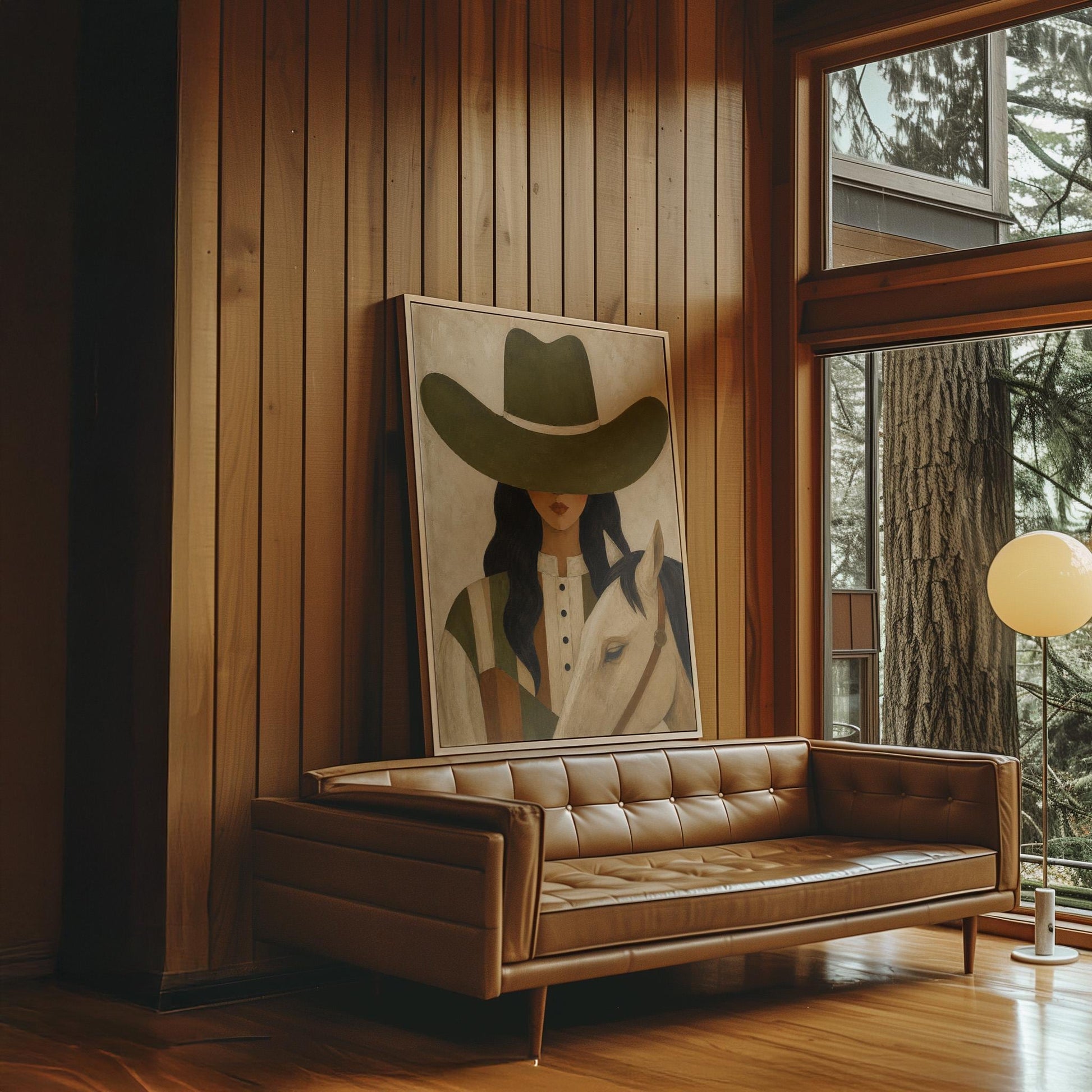 Cowgirl in an olive hat leaning close to a pale white horse, canvas wall art on a quiet wall in a considered interior