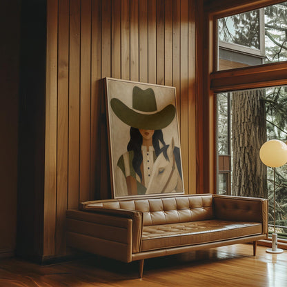 Cowgirl in an olive hat leaning close to a pale white horse, canvas wall art on a quiet wall in a considered interior