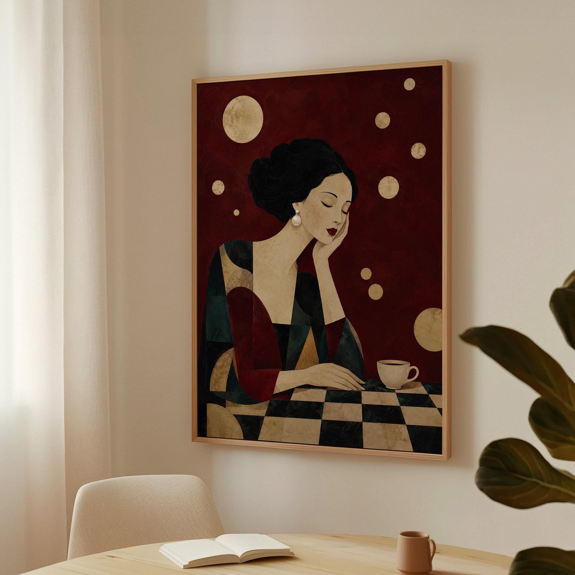 Art deco woman resting her chin on her hand beside a white coffee cup, canvas print styled against a soft white wall