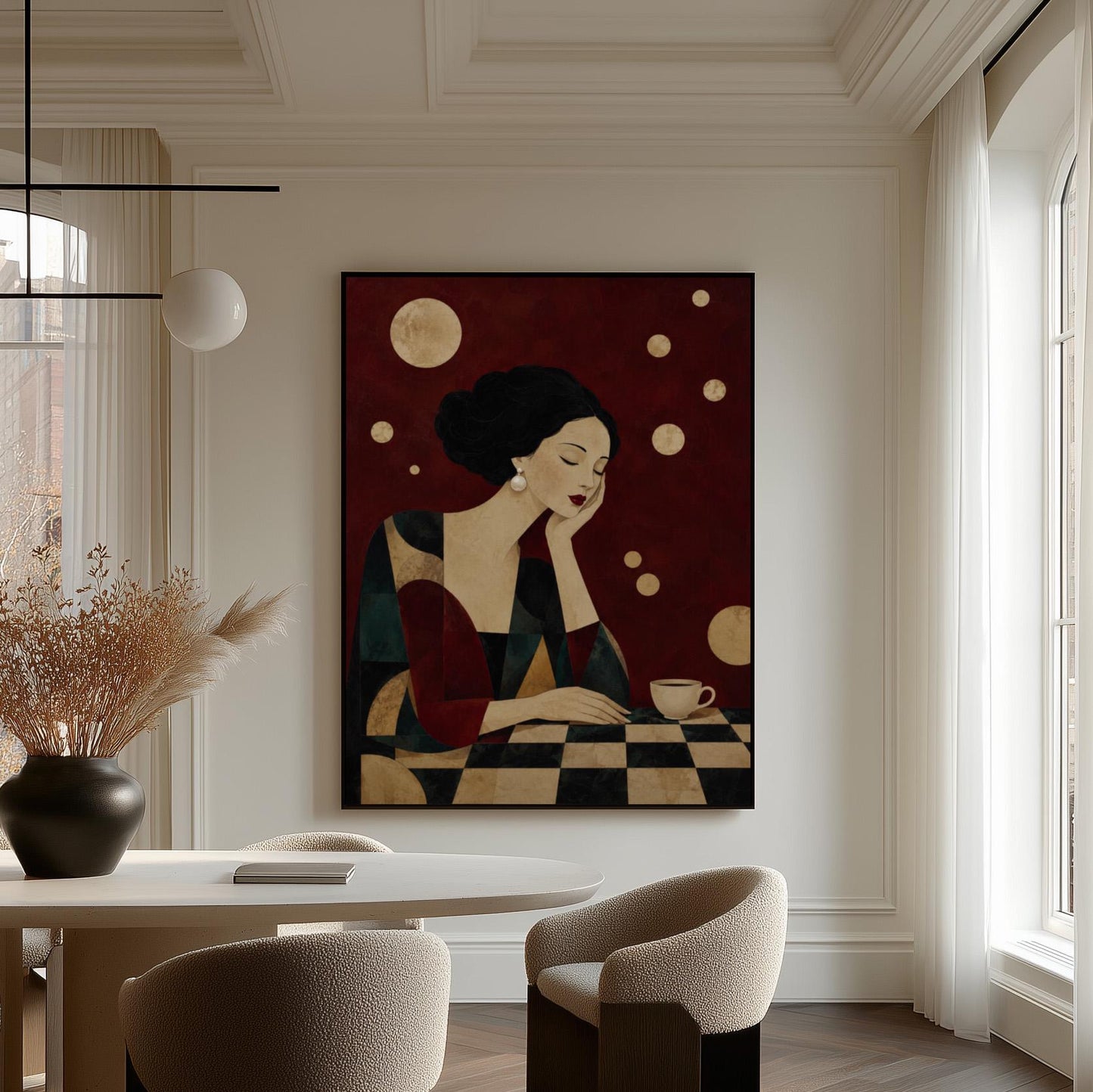 Art deco woman resting her chin on her hand beside a white coffee cup, canvas print on a quiet wall in a considered interior