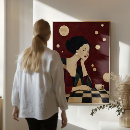 Art deco woman resting her chin on her hand beside a white coffee cup, canvas wall art seen in a warm interior with natural light