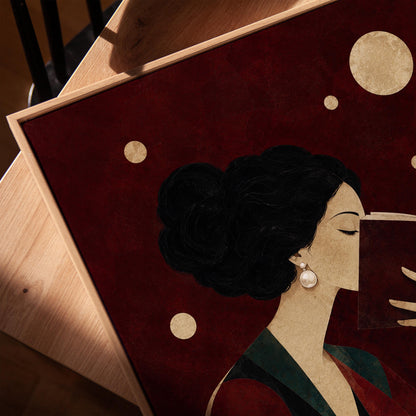 Dark haired woman in a faceted jewel toned gown reading an open book, canvas print in a warm, minimally styled interior