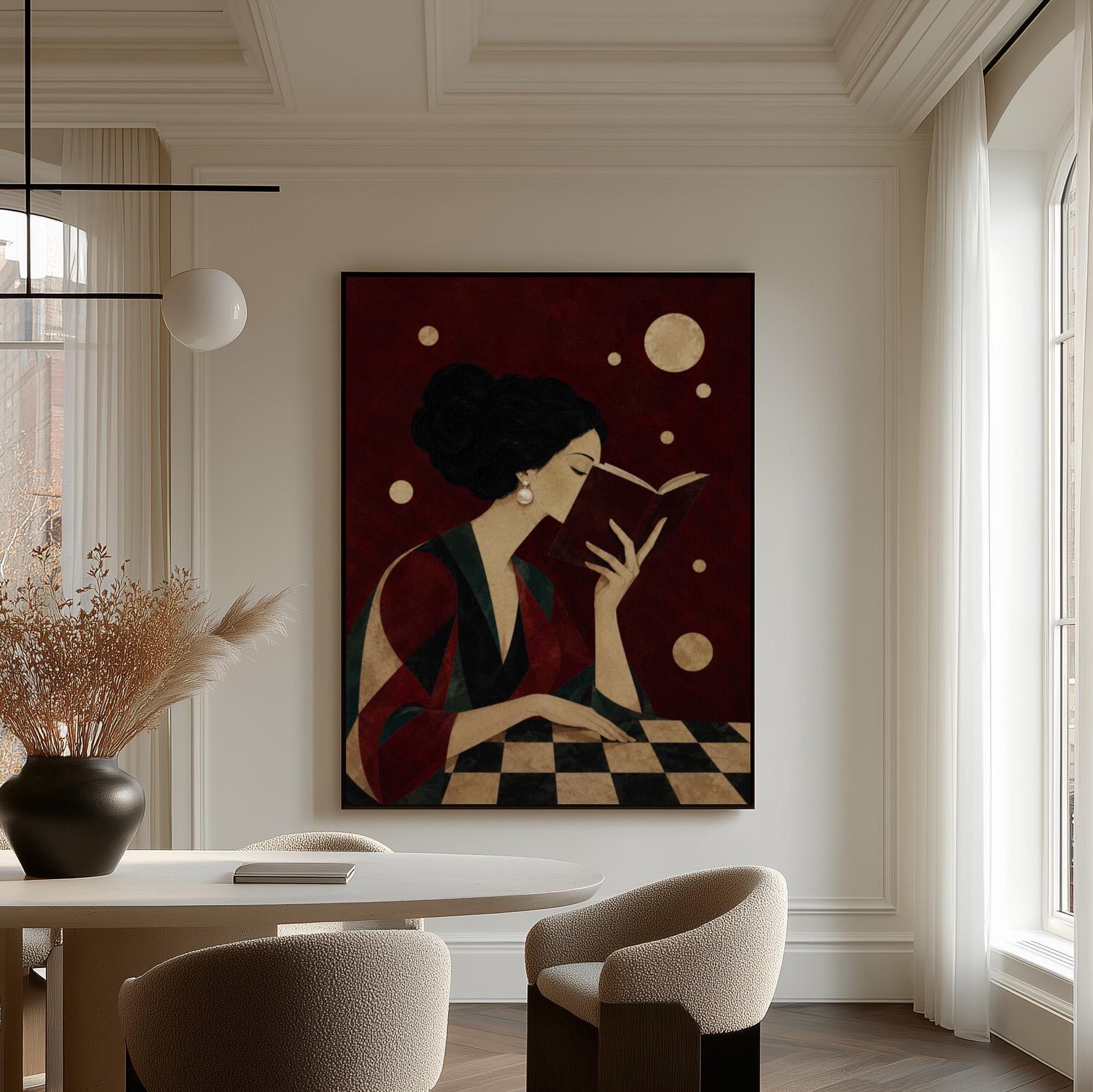 Dark haired woman in a faceted jewel toned gown reading an open book, canvas print on a quiet wall in a considered interior