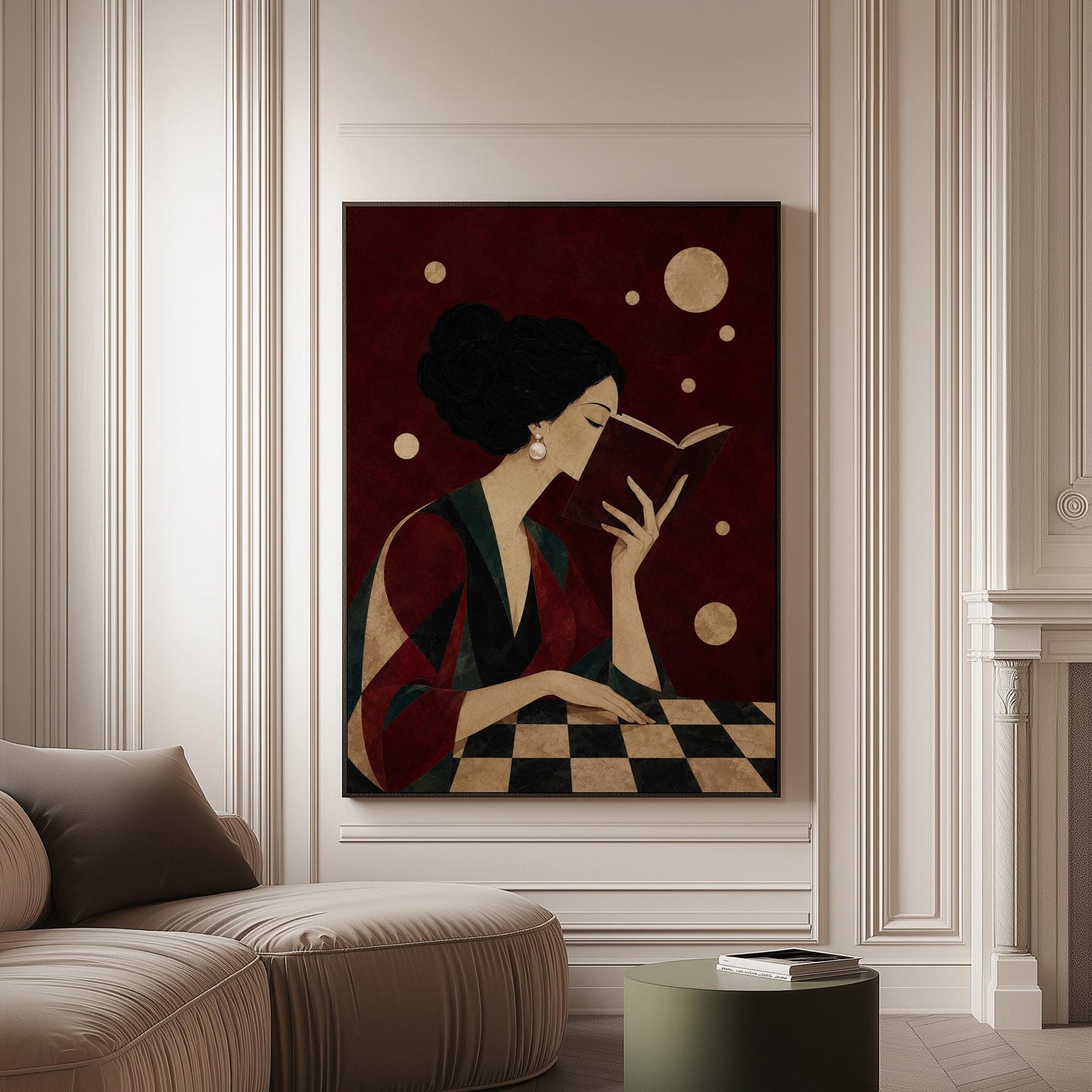 Dark haired woman in a faceted jewel toned gown reading an open book, canvas print on a softly lit wall in a calm interior