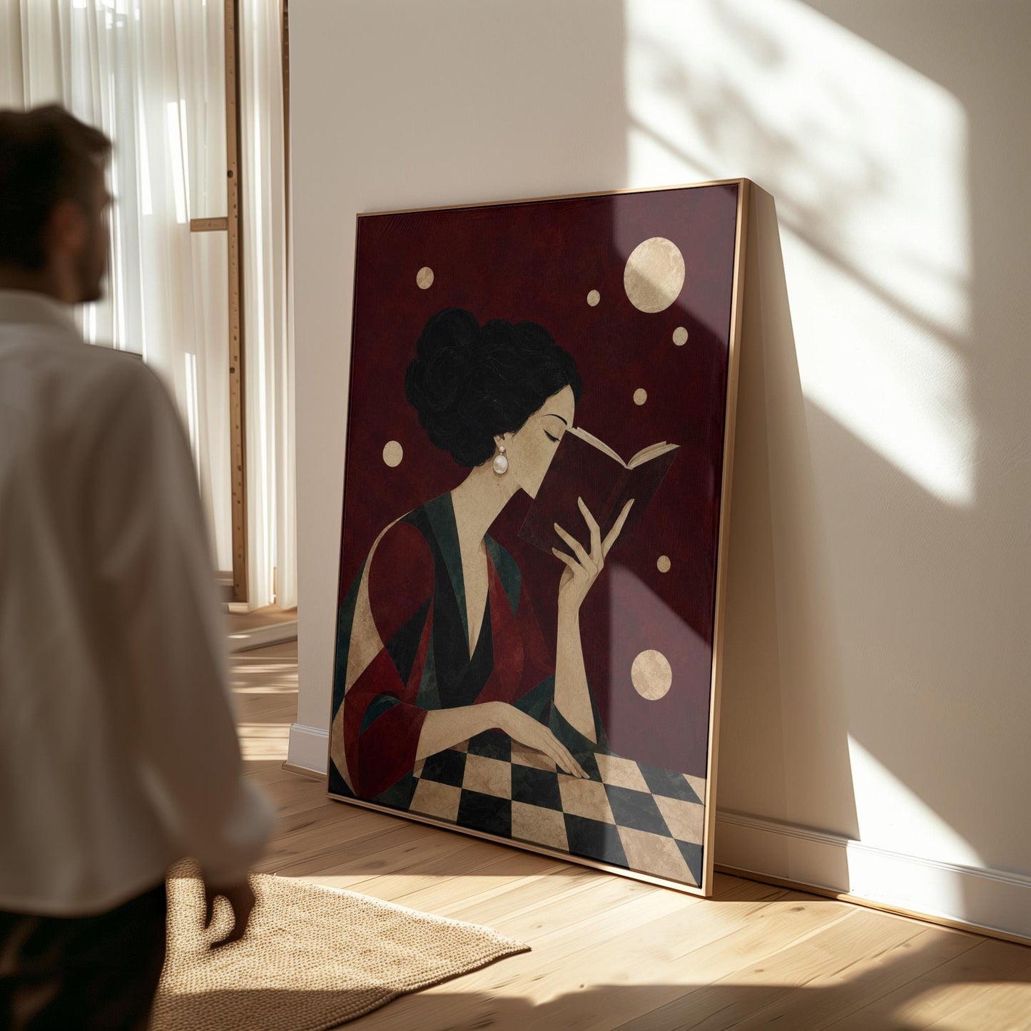 Dark haired woman in a faceted jewel toned gown reading an open book, canvas wall art seen in a warm interior with natural light