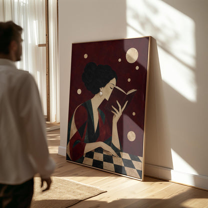 Dark haired woman in a faceted jewel toned gown reading an open book, canvas wall art seen in a warm interior with natural light