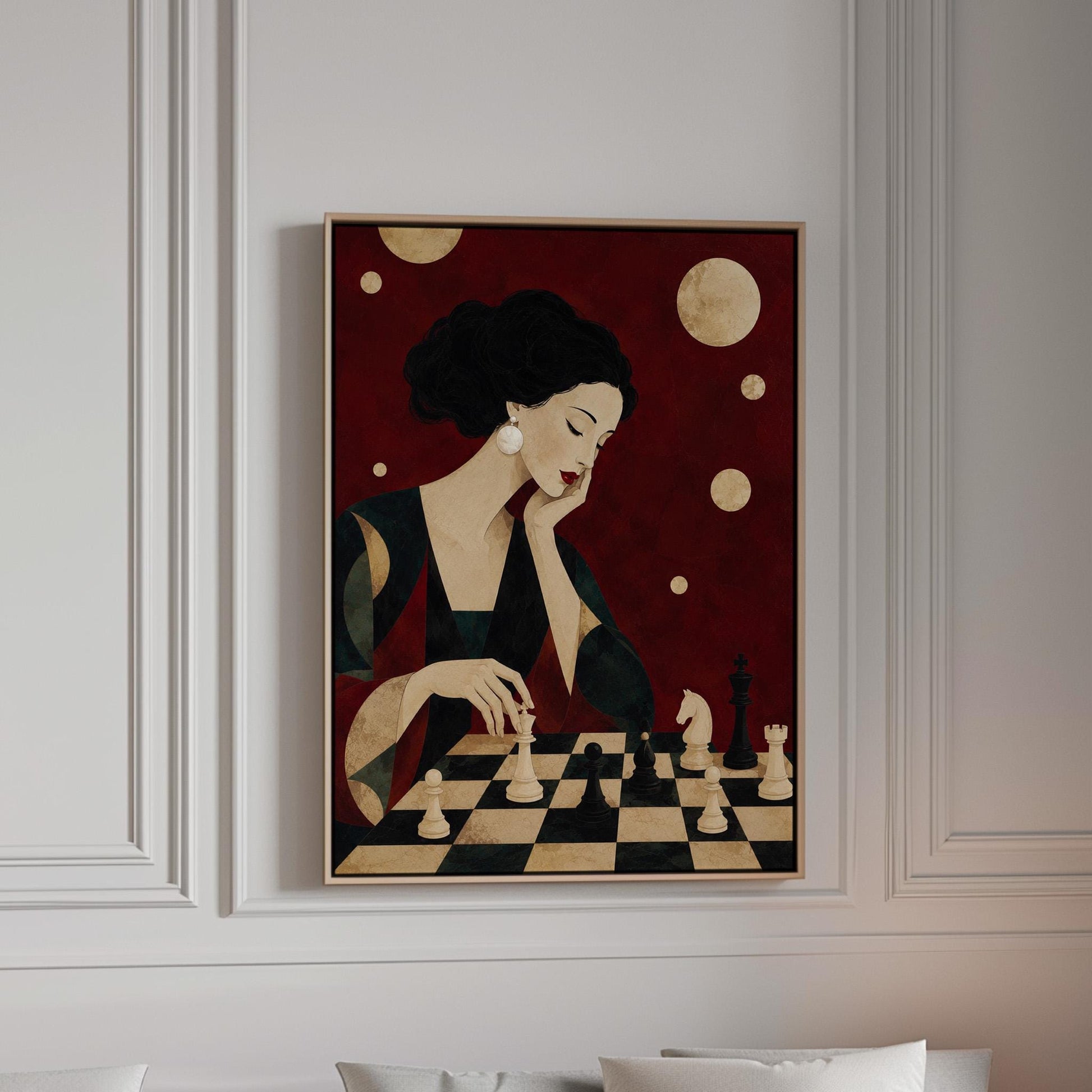 Elegant woman moving a chess piece across a black and white board, canvas print in a bright room with natural daylight
