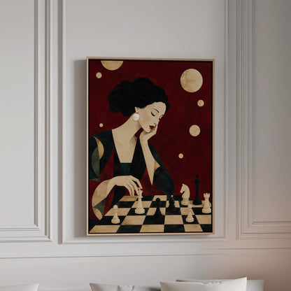 Elegant woman moving a chess piece across a black and white board, canvas print in a bright room with natural daylight