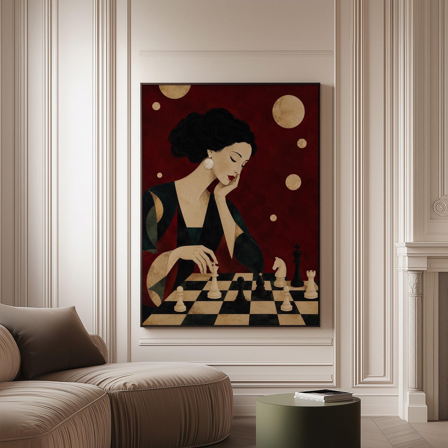 Elegant woman moving a chess piece across a black and white board, canvas print on a softly lit wall in a calm interior