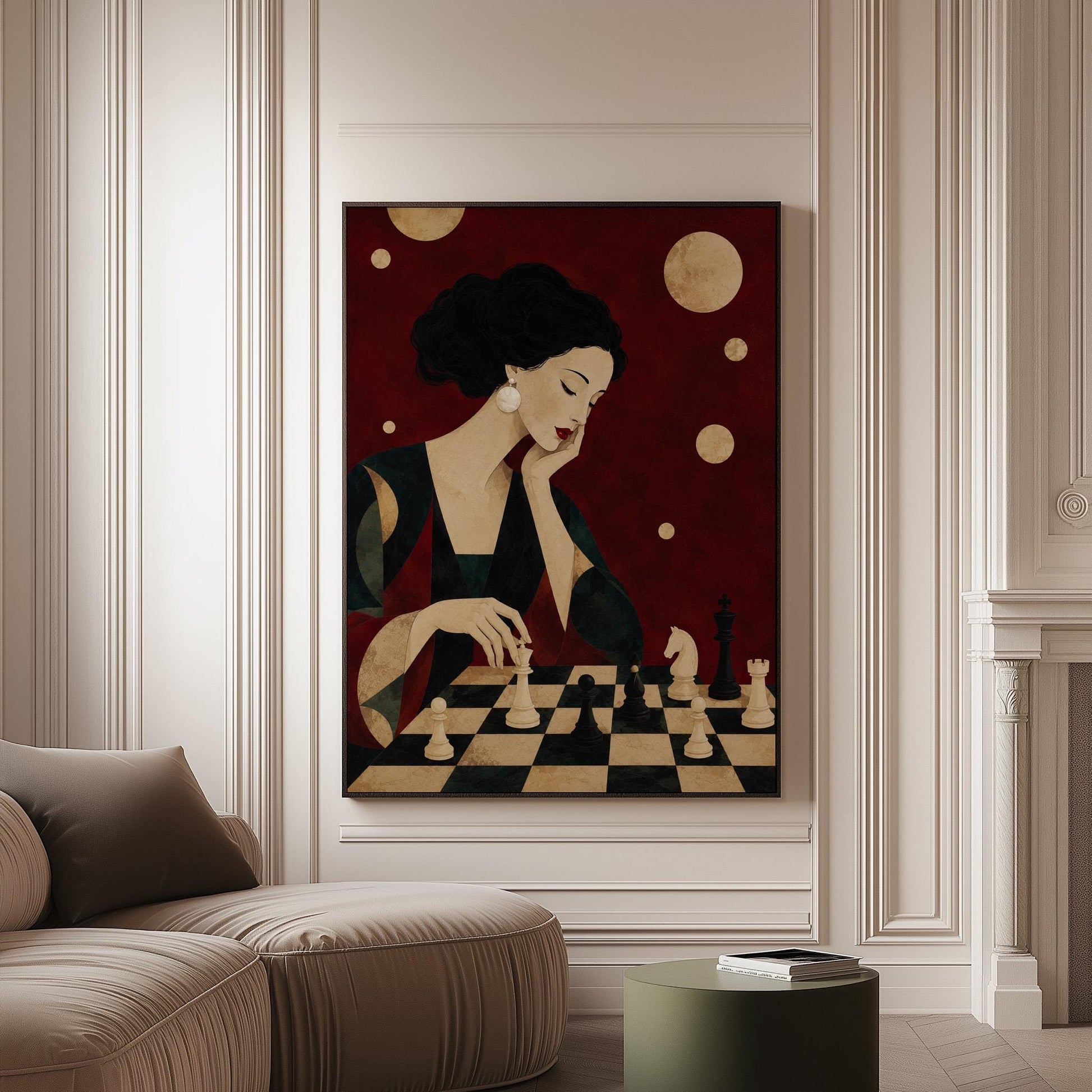 Elegant woman moving a chess piece across a black and white board, canvas print on a softly lit wall in a calm interior