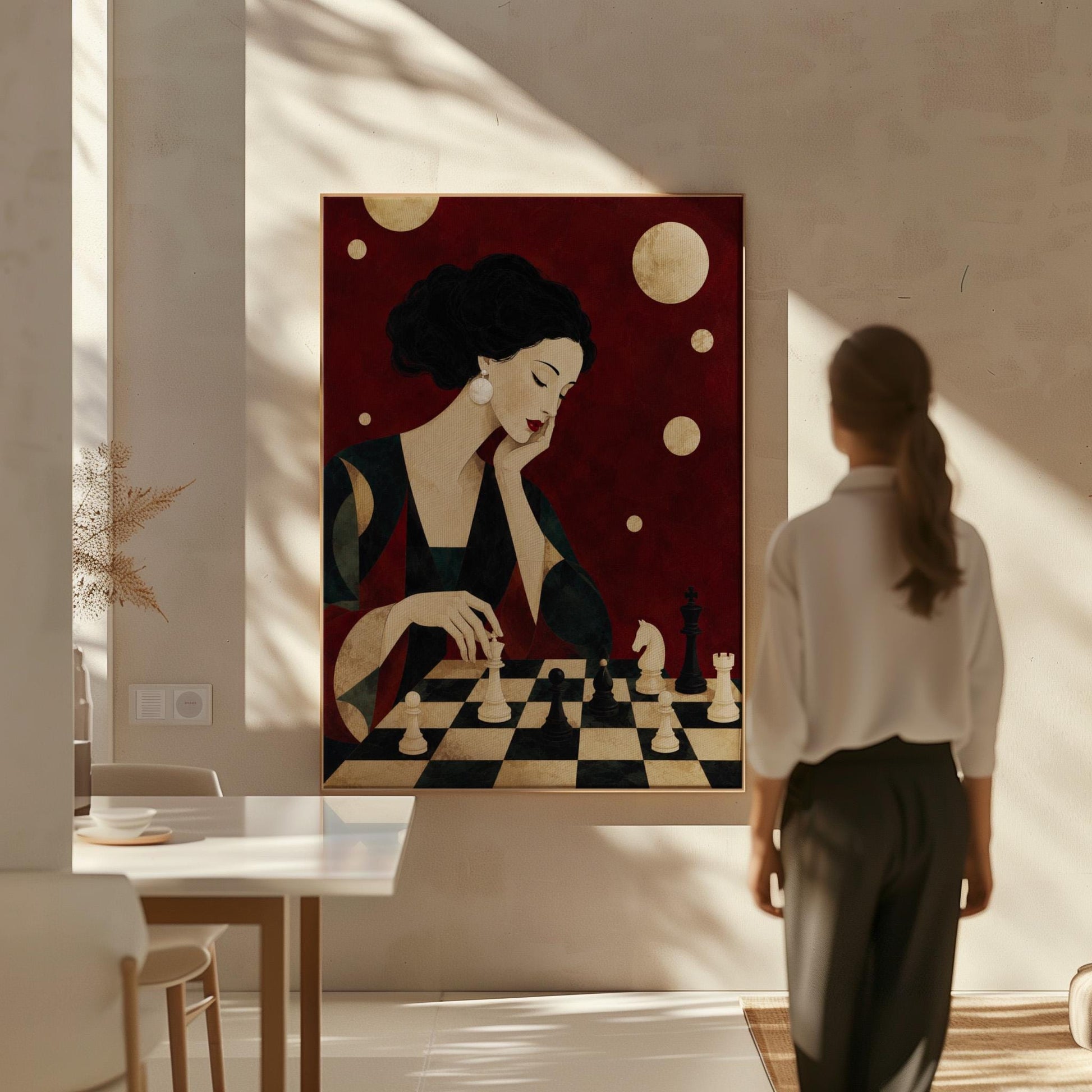 Elegant woman moving a chess piece across a black and white board, canvas print on a quiet wall in a considered interior