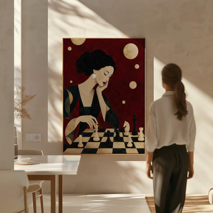 Elegant woman moving a chess piece across a black and white board, canvas print on a quiet wall in a considered interior