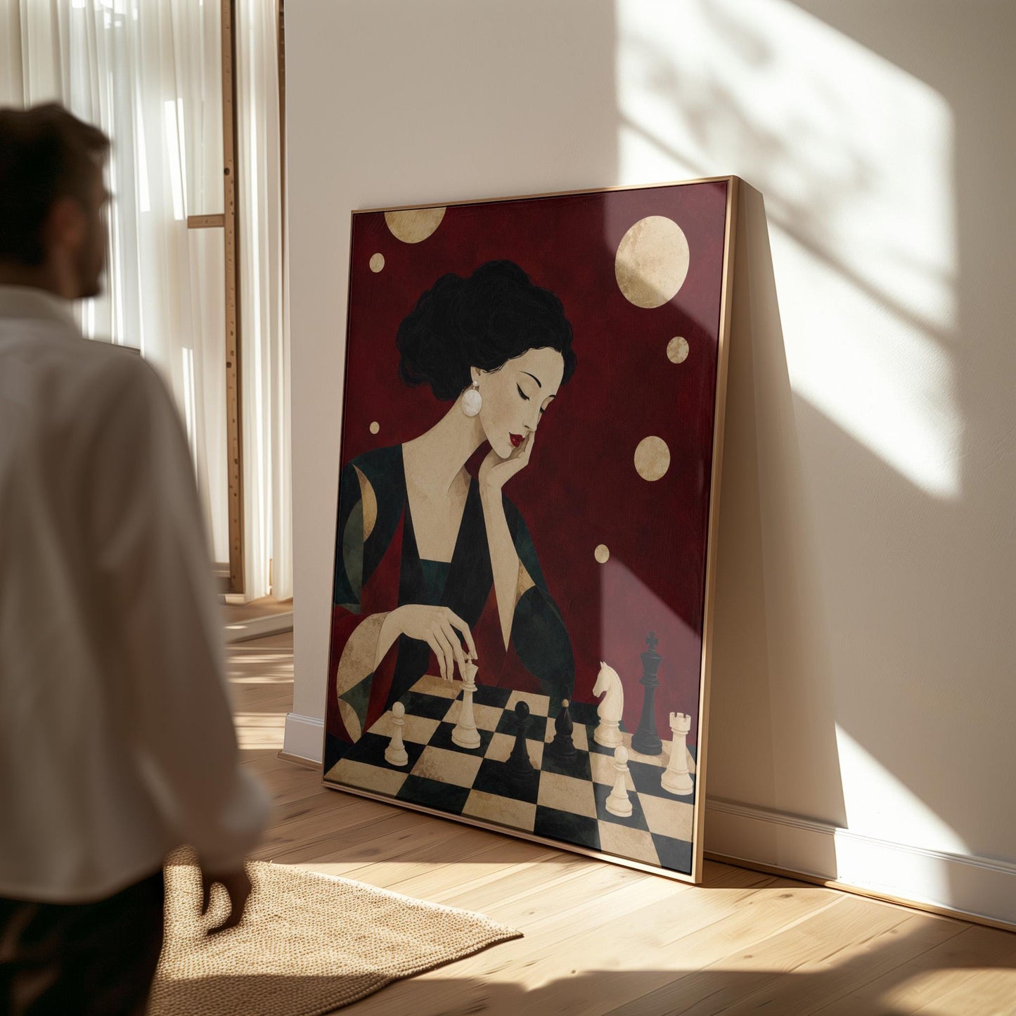 Elegant woman moving a chess piece across a black and white board, canvas print shown to scale in a furnished room