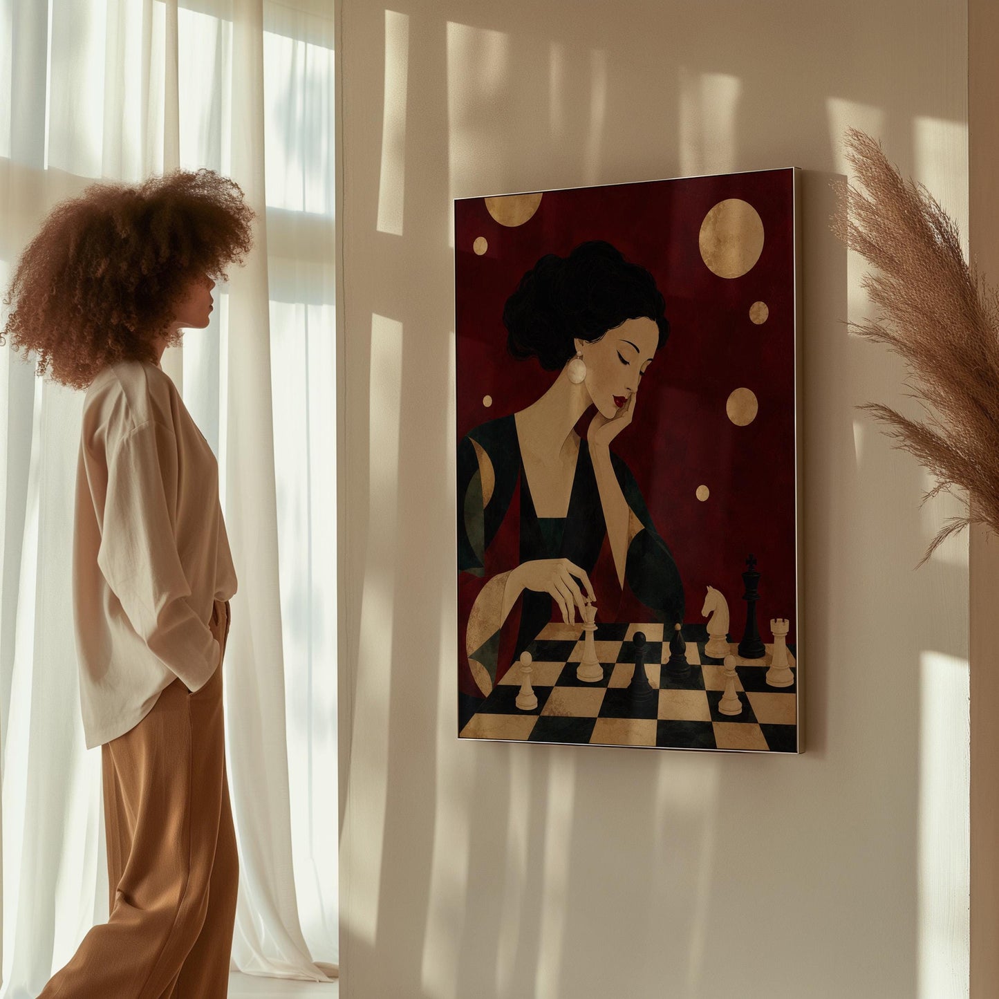Elegant woman moving a chess piece across a black and white board, canvas wall art hanging in a calm, modern living space