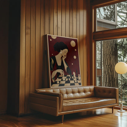 Elegant woman moving a chess piece across a black and white board, canvas wall art seen in a warm interior with natural light
