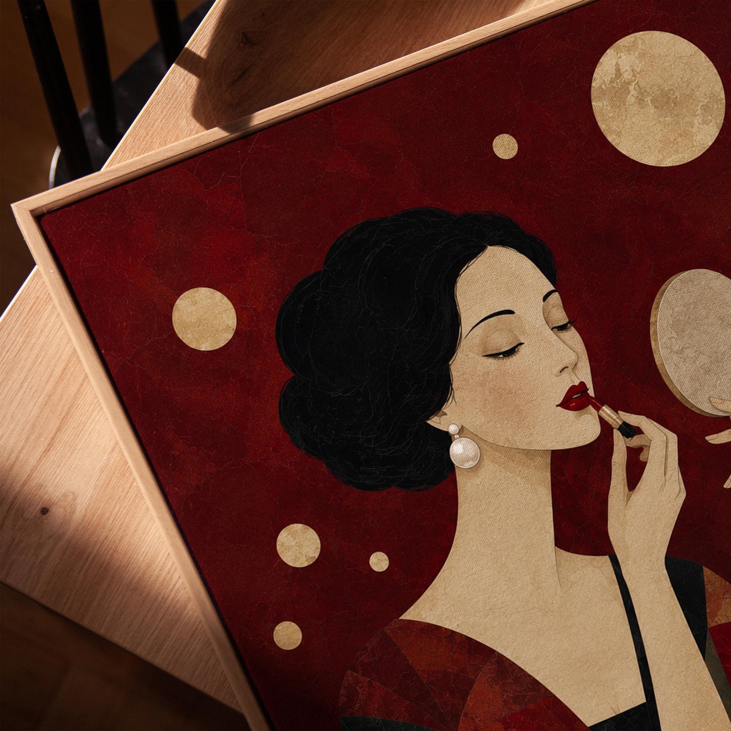 Woman applying red lipstick while holding a hand mirror, canvas print in a warm, minimally styled interior