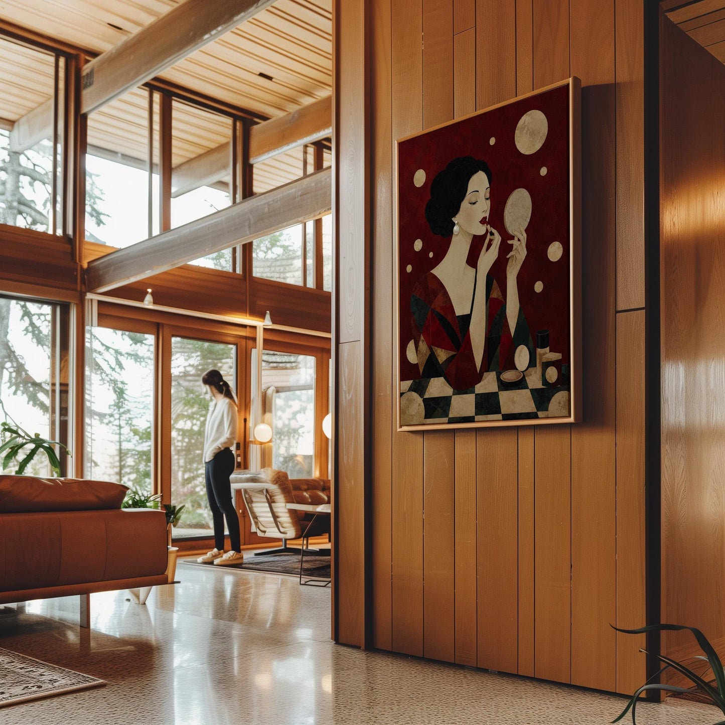 Woman applying red lipstick while holding a hand mirror, canvas print hanging in a calm, modern living space