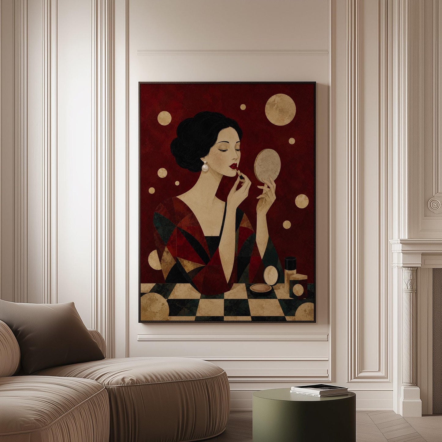 Woman applying red lipstick while holding a hand mirror, canvas print on a softly lit wall in a calm interior