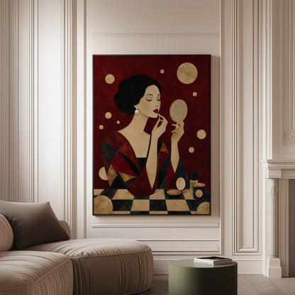 Woman applying red lipstick while holding a hand mirror, canvas print on a softly lit wall in a calm interior