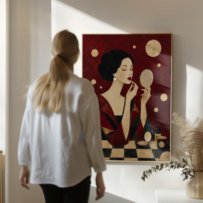Woman applying red lipstick while holding a hand mirror, canvas print seen in a warm interior with natural light