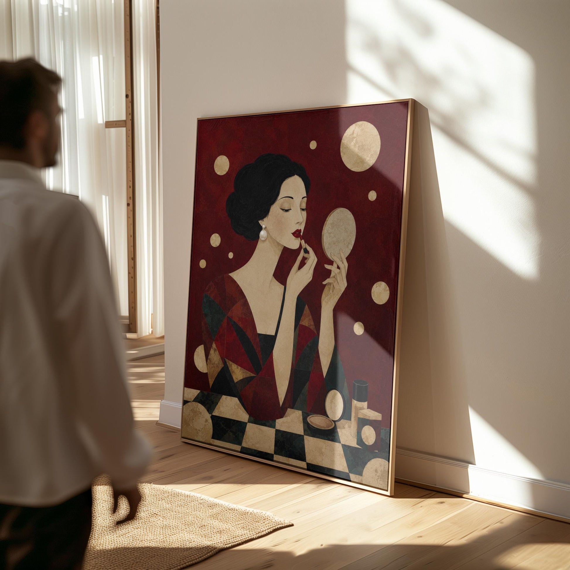 Woman applying red lipstick while holding a hand mirror, canvas print shown to scale in a furnished room