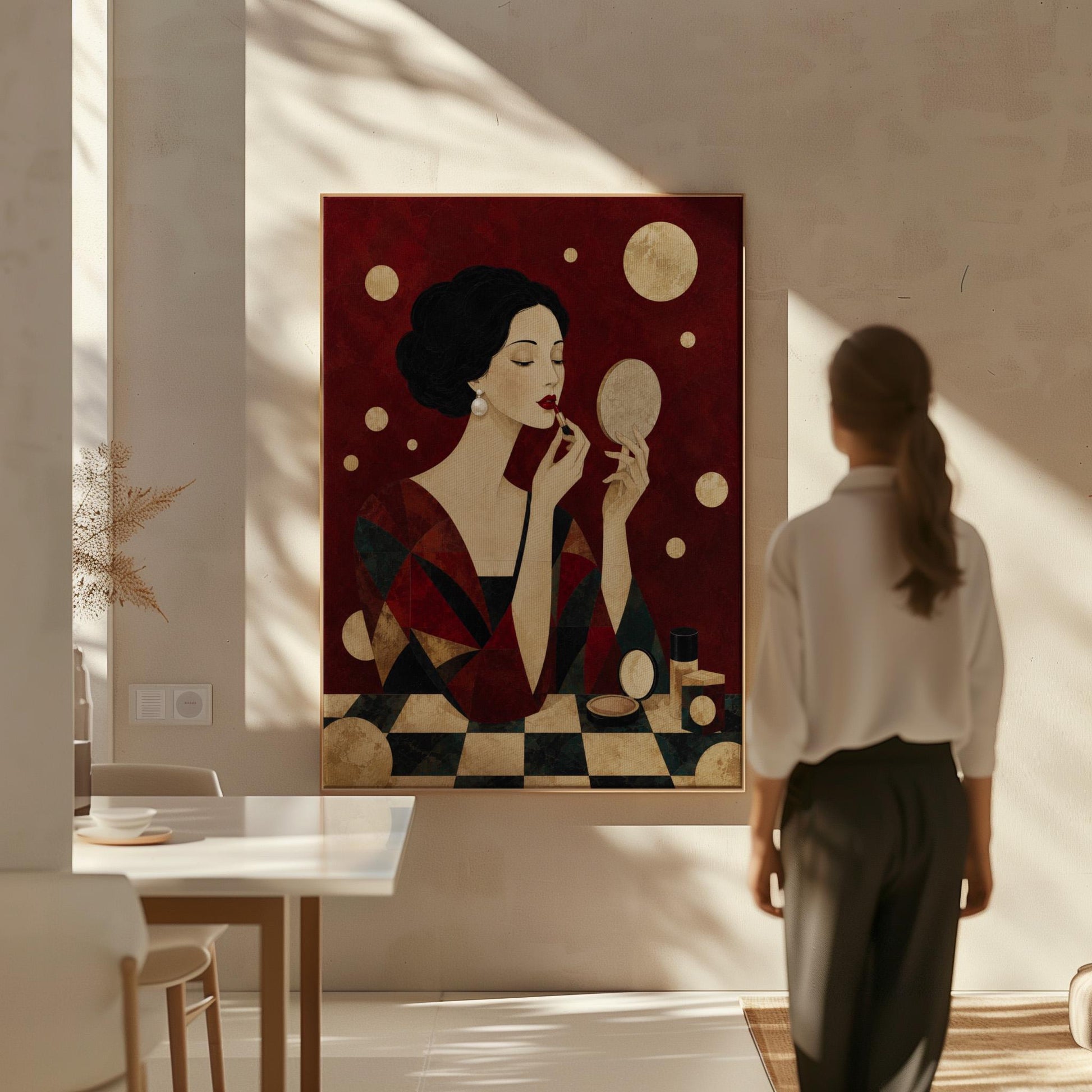 Woman applying red lipstick while holding a hand mirror, canvas print displayed on a neutral wall in a styled interior