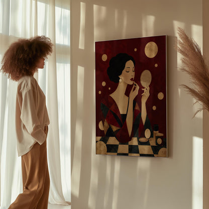Woman applying red lipstick while holding a hand mirror, canvas print shown in a sunlit, contemporary room