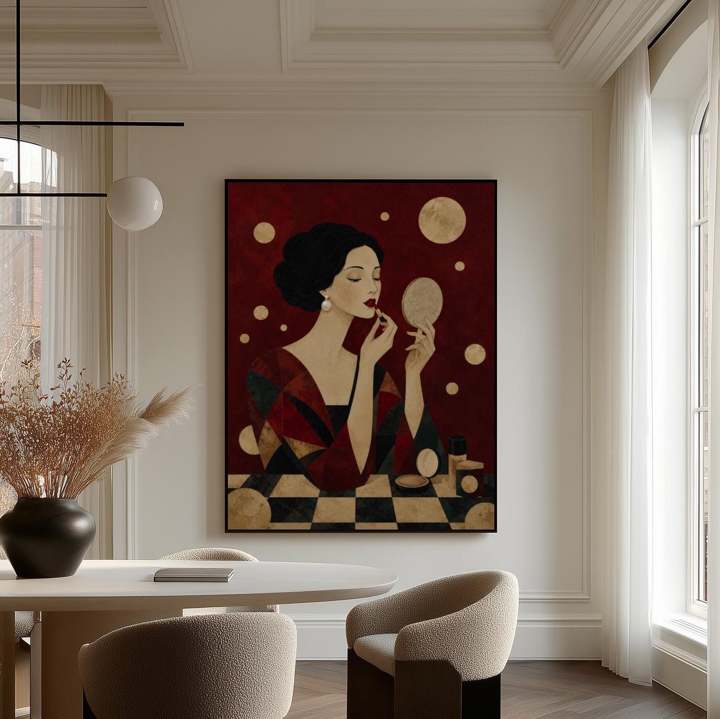 Woman applying red lipstick while holding a hand mirror, canvas wall art seen in a warm interior with natural light