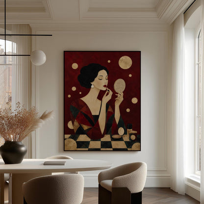 Woman applying red lipstick while holding a hand mirror, canvas wall art seen in a warm interior with natural light
