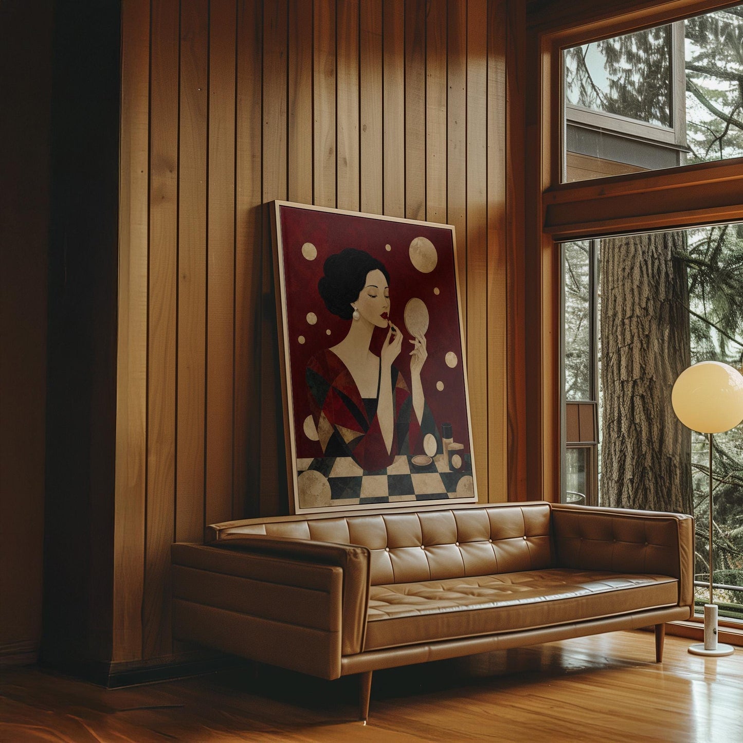 Woman applying red lipstick while holding a hand mirror, canvas wall art on a quiet wall in a considered interior