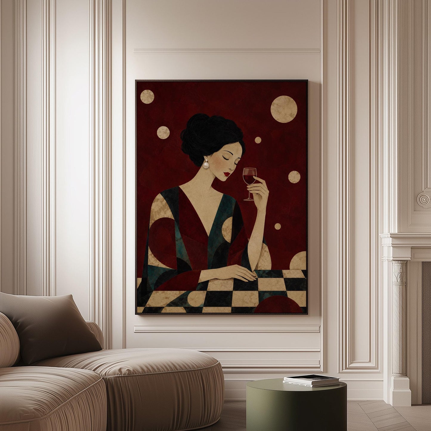 Woman with closed eyes lifting a glass of red wine at a dark table, canvas print on a softly lit wall in a calm interior