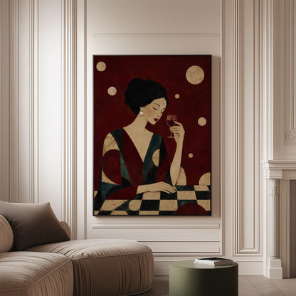 Woman with closed eyes lifting a glass of red wine at a dark table, canvas print on a softly lit wall in a calm interior