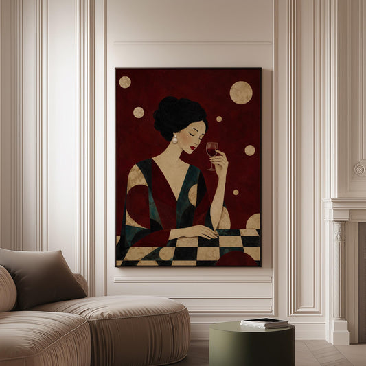 Woman with closed eyes lifting a glass of red wine at a dark table, canvas print on a softly lit wall in a calm interior