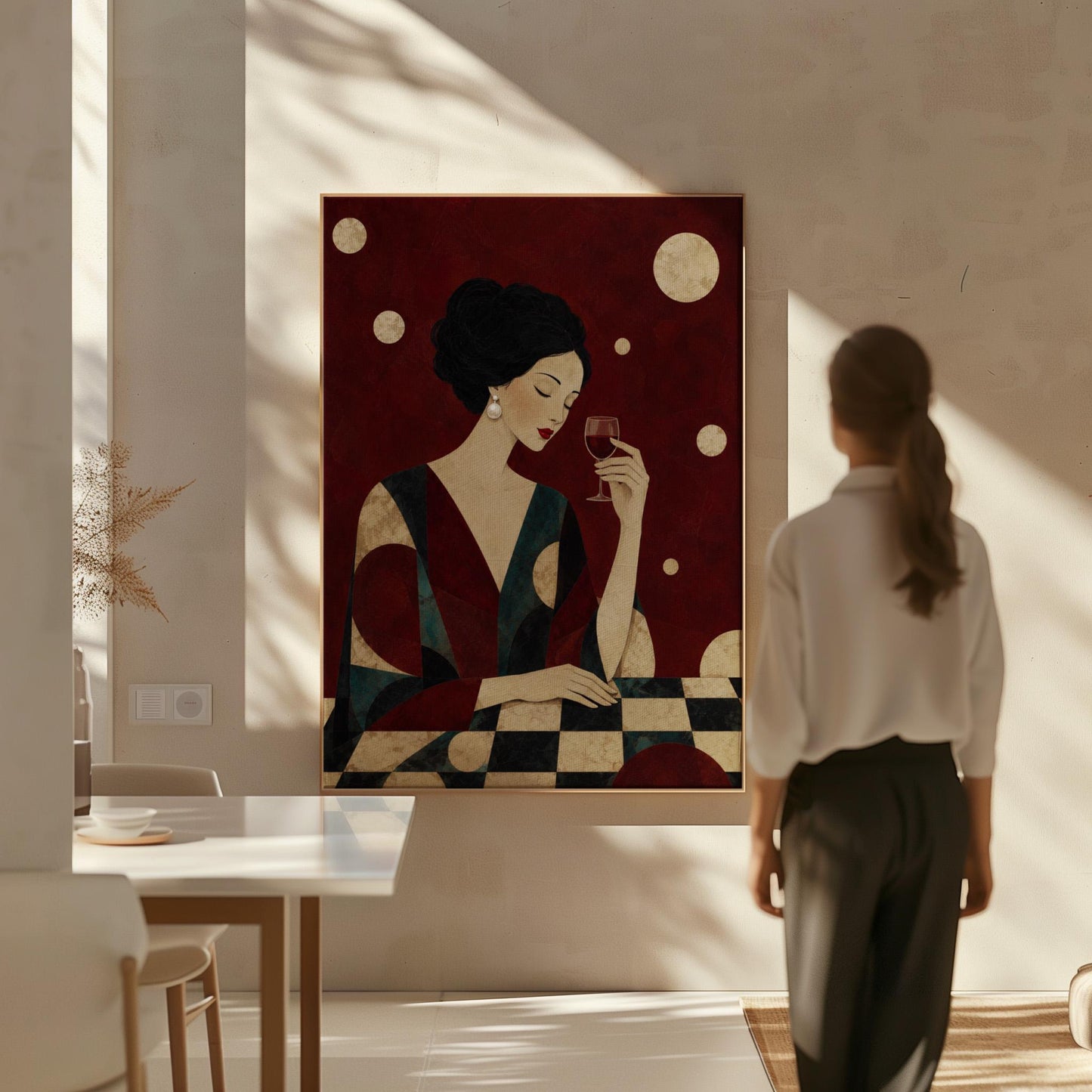 Woman with closed eyes lifting a glass of red wine at a dark table, canvas print presented in a light, minimal room