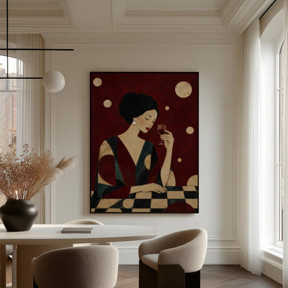 Woman with closed eyes lifting a glass of red wine at a dark table, canvas wall art styled against a soft white wall